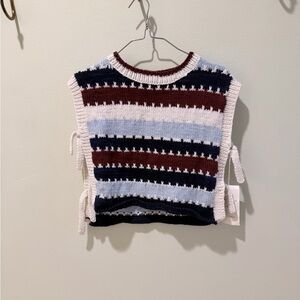 Striped Knit Tie-Side Sweater Vest in Cream, Navy & Burgundy
